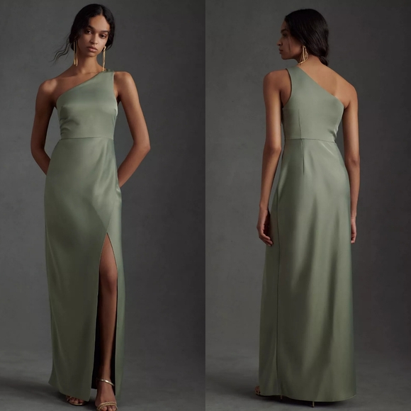 BHLDN Dresses & Skirts - NWT BHLDN Dylan One Shoulder Satin Side Slit Gown Size 4 Moss Sage Green